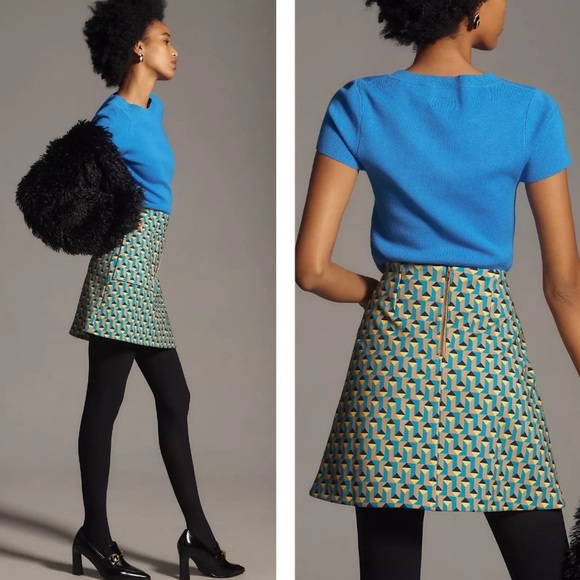 Anthropologie The Marisela Mini Skirt by Maeve Blue/Yellow/Black/Tan Retro SZ S - Picture 3 of 16